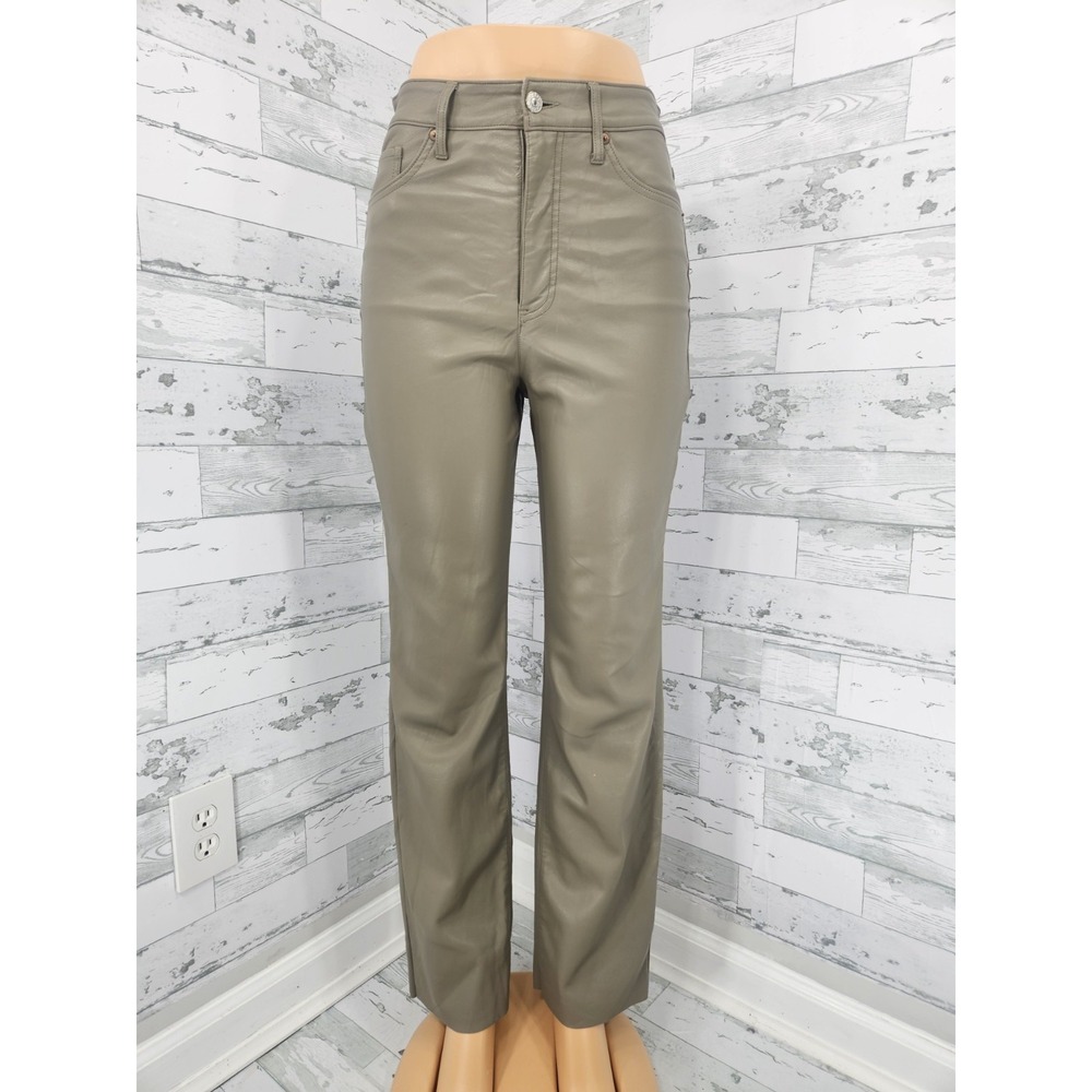 Express Modern Straight Super High Rise Faux Leather Pants Olive Taupe 6R